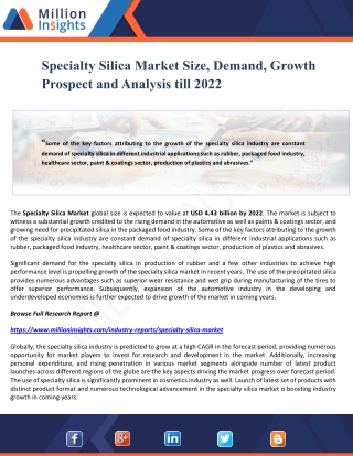 Specialty Silica Market Size, Demand, Growth Prospect and Analysis till 2022