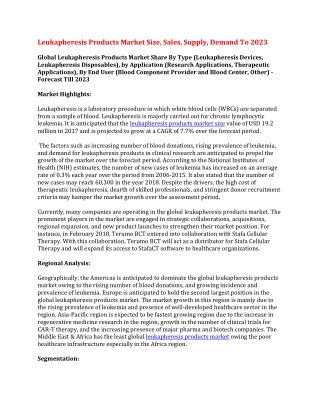 Leukapheresis Products Market Size, Sales, Supply, Demand To 2023