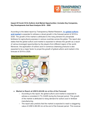 Sulfuric Acid Market Opportunities to Generate Garner Brimming Revenues by 2026