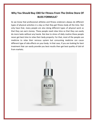 Why You Should Buy CBD for Fitness From The Online Store Of BLISS FORMULA?