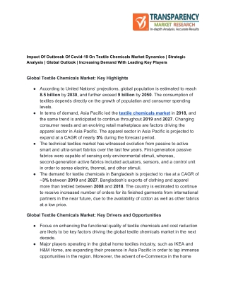Textile Chemicals Market Dynamics is Showing Significant Growth During Pendamic with Leading Players
