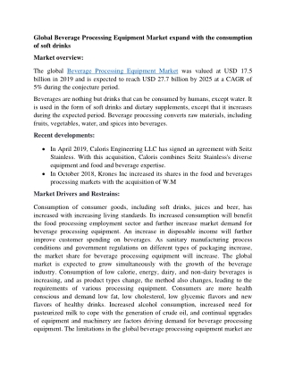 Beverage Processing Equipment Market Size and Forecast to 2025
