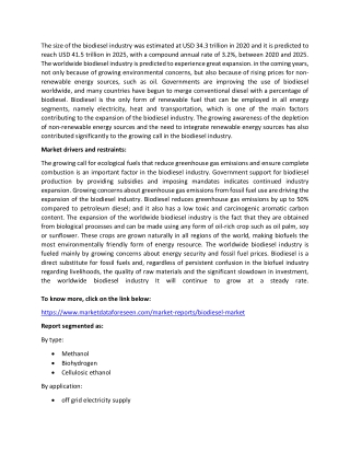Biodiesel Market Analysis Report until 2025