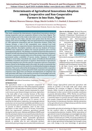 Determinants of Agricultural Innovations Adoption among Cooperative and Non Cooperative Farmers in Imo State Nigeria