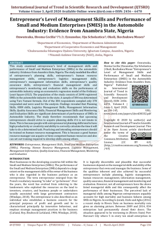 Entrepreneur’s Level of Management Skills and Performance of Small and Medium Enterprises (SMES) in the Automobile Indus