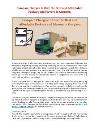 Compare Charges to Hire the Best and Affordable Packers and Movers in Gurgaon