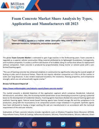 Foam Concrete Market Share Analysis by Types, Application and Manufacturers till 2023