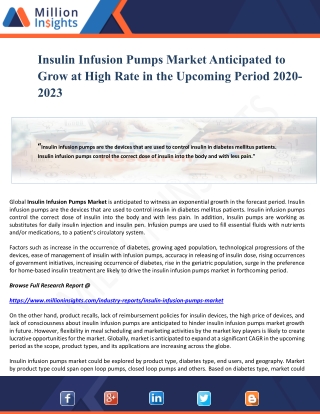 Insulin Infusion Pumps Market Anticipated to Grow at High Rate in the Upcoming Period 2020-2023