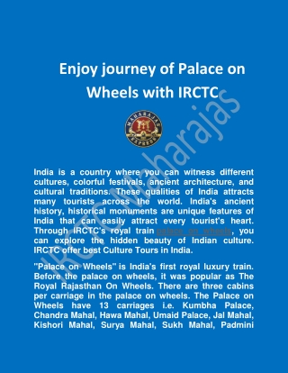 Enjoy journey of Palace on Wheels with IRCTC