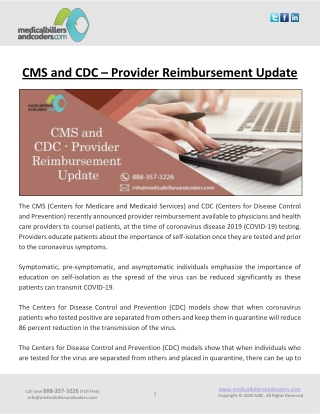 CMS and CDC – Provider Reimbursement Update