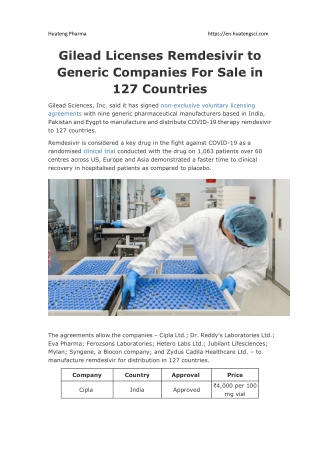 Gilead Licenses Remdesivir to Generic Companies For Sale in 127 Countries