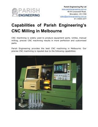 Capabilities of Parish Engineering’s CNC Milling in Melbourne