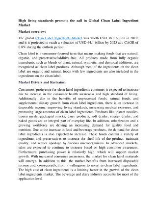 Global Clean Label Ingredient Market estimated to develop with a 7% CAGR