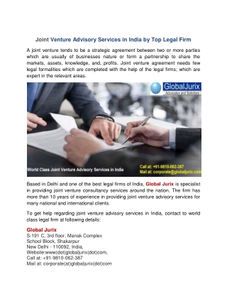 Joint Venture Advisory Services in India by Top Legal Firm