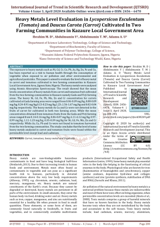 Heavy Metals Level Evaluation in Lycopersicon Esculentum Tomato and Daucus Carota Carrot Cultivated In Two Farming Commu