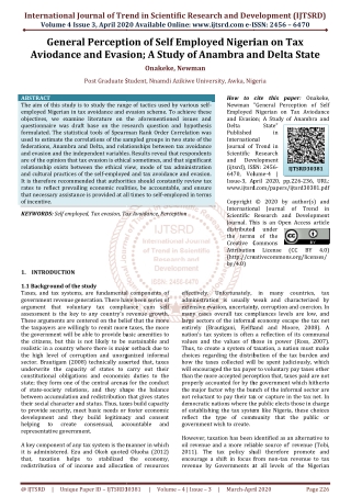 General Perception of Self Employed Nigerian on Tax Aviodance and Evasion A Study of Anambra and Delta State