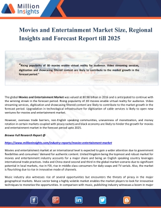 Movies and Entertainment Market Size, Regional Insights and Forecast Report till 2025