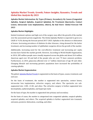 Aphakia Market Trends, Growth, Future Insights, Dynamics, Trends and Global Size Analysis By 2023