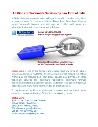 All Kinds of Trademark Services by Law Firm of India