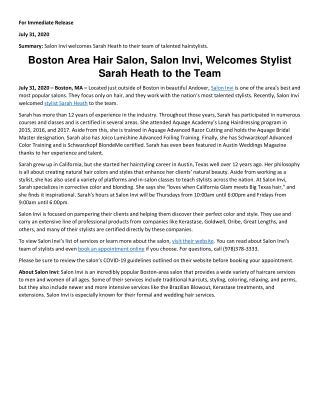 Boston Area Hair Salon, Salon Invi, Welcomes Stylist Sarah Heath to the Team