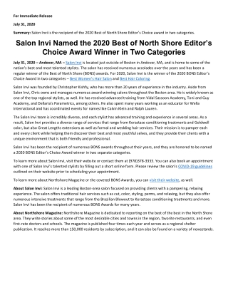 Salon Invi Named the 2020 Best of North Shore Editor’s Choice Award Winner in Two Categories