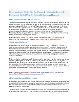 Motor Monitoring Market Size By Offering, By Monitoring Process, By Deployment, By End-User, By Geographic Scope And For