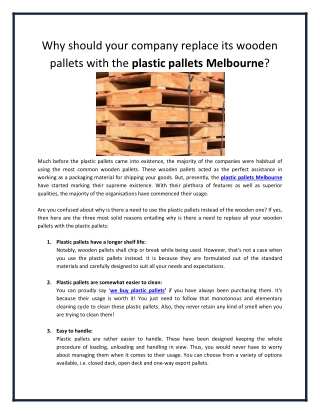 Why Should Your Company Replace Its Wooden Pallets With The Plastic Pallets Melbourne?