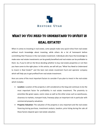 What Do You Need To Understand To Invest In Real Estate?