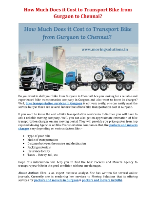 How Much Does it Cost to Transport Bike from Gurgaon to Chennai?