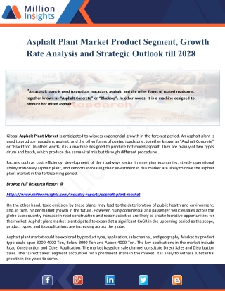 Asphalt Plant Market Product Segment, Growth Rate Analysis and Strategic Outlook till 2028