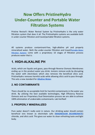 Now Offers PristineHydro Under-Counter and Portable Water Filtration Systems