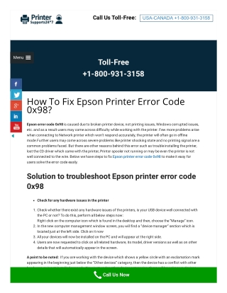 Easy To Resolve Epson Printer Error Code 0x98 By Expert