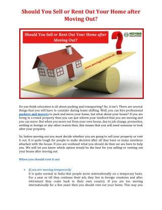 Should You Sell or Rent Out Your Home after Moving Out?
