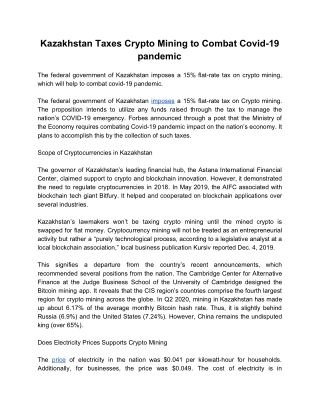 Kazakhstan Taxes Crypto Mining to Combat Covid-19 pandemic