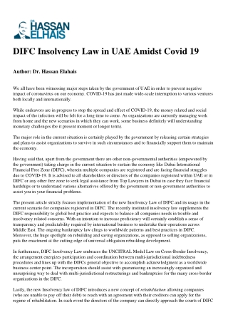 DIFC Insolvency Law in UAE Amidst Covid 19