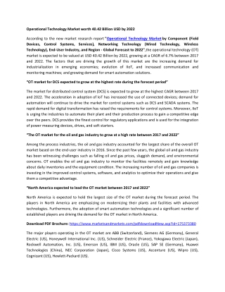 Operational Technology Market by Component &amp; Region - Global Forecast 2022 | MarketsandMarkets