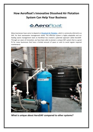 How Aerofloat’s Innovative Dissolved Air Flotation System Can Help Your Business