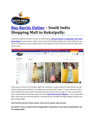 Buy Kurtis Online – South India Shopping Mall in Kukatpally: