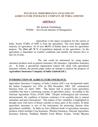 FINANCIAL PERFORMANCE ANALYSIS ON AGRICULTURE INSURANCE COMPANY OF INDIA LIMITED (AIC) - ABSTRACT