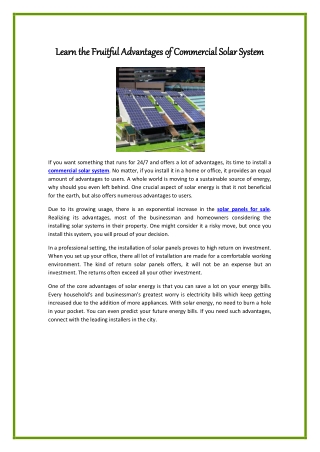 Learn The Fruitful Advantages Of Commercial Solar System