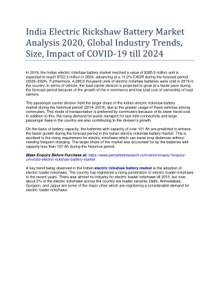 India Electric Rickshaw Battery Market Analysis (COVID19 Impact): Industry Growth, Size & Future Scope