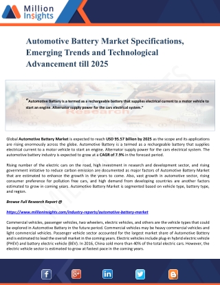 Automotive Battery Market Specifications, Emerging Trends and Technological Advancement till 2025