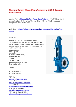 Thermal Safety Valve Manufacturer in USA & Canada - Valves Only