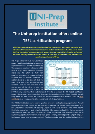 The Uni-prep institution offers online TEFL certification program