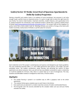 Godrej Sector 43 Noida: Great Deal of Spacious Apartments In Delhi By Godrej Properties!!