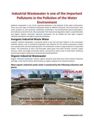 Industrial Wastewater is one of the Important Pollutants in the Pollution of the Water Environment