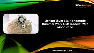Sterling Silver 925 Handmade Hammer Work Cuff Bracelet With Moonstone