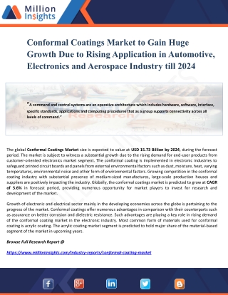 Conformal Coatings Market to Gain Huge Growth Due to Rising Application in Automotive, Electronics and Aerospace Industr