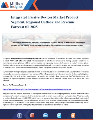 Integrated Passive Devices Market Product Segment, Regional Outlook and Revenue Forecast till 2025