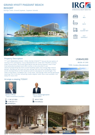 Buy GRAND HYATT PAGEANT BEACH RESORT-411243 - IRG Cayman